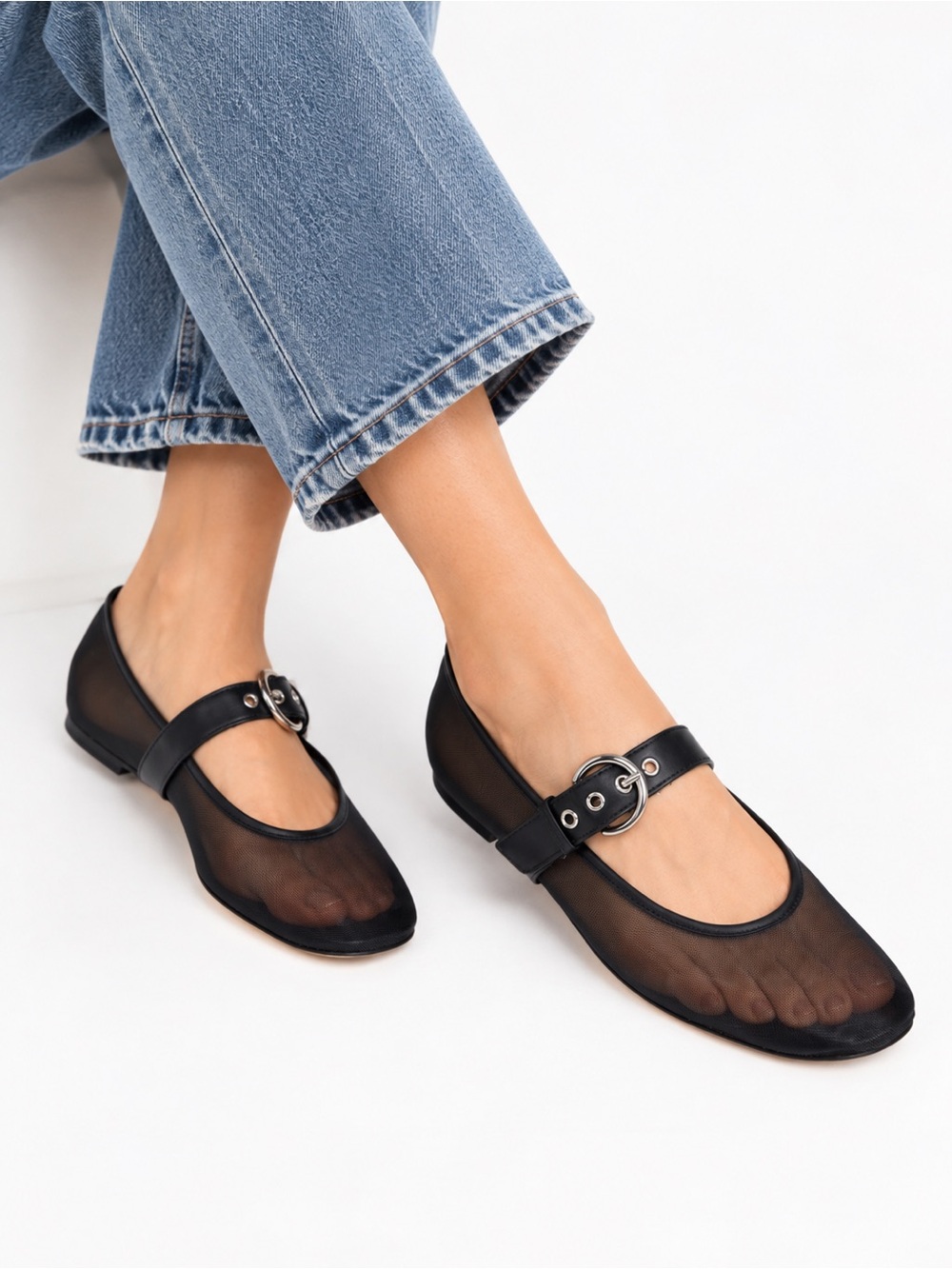 Reformation Bethany Mesh Ballet Flats Black Silver Buckle Size 6.5